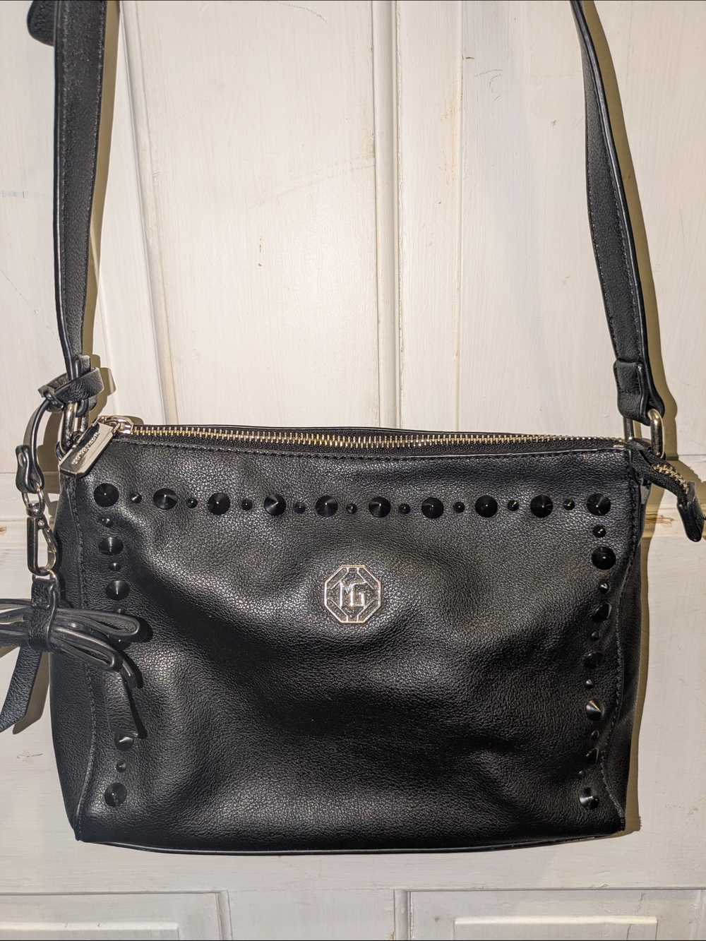 Black Studded Shoulder Bag with Logo Accent